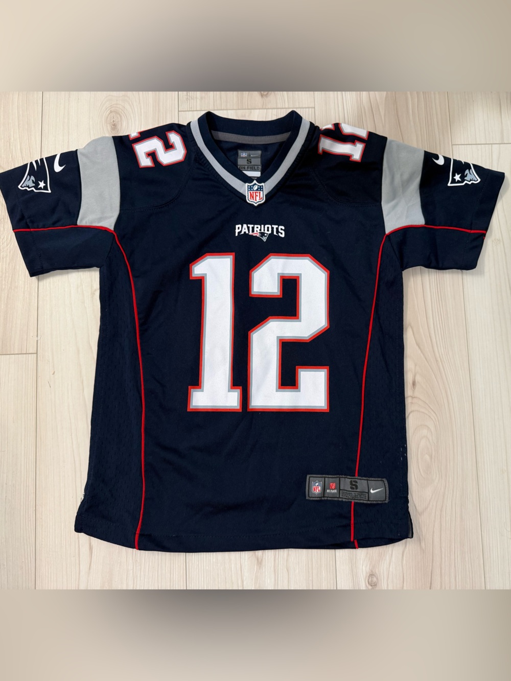 NFL Patriots Navy #12 Football Jersey with White and Red Trim-Size Small